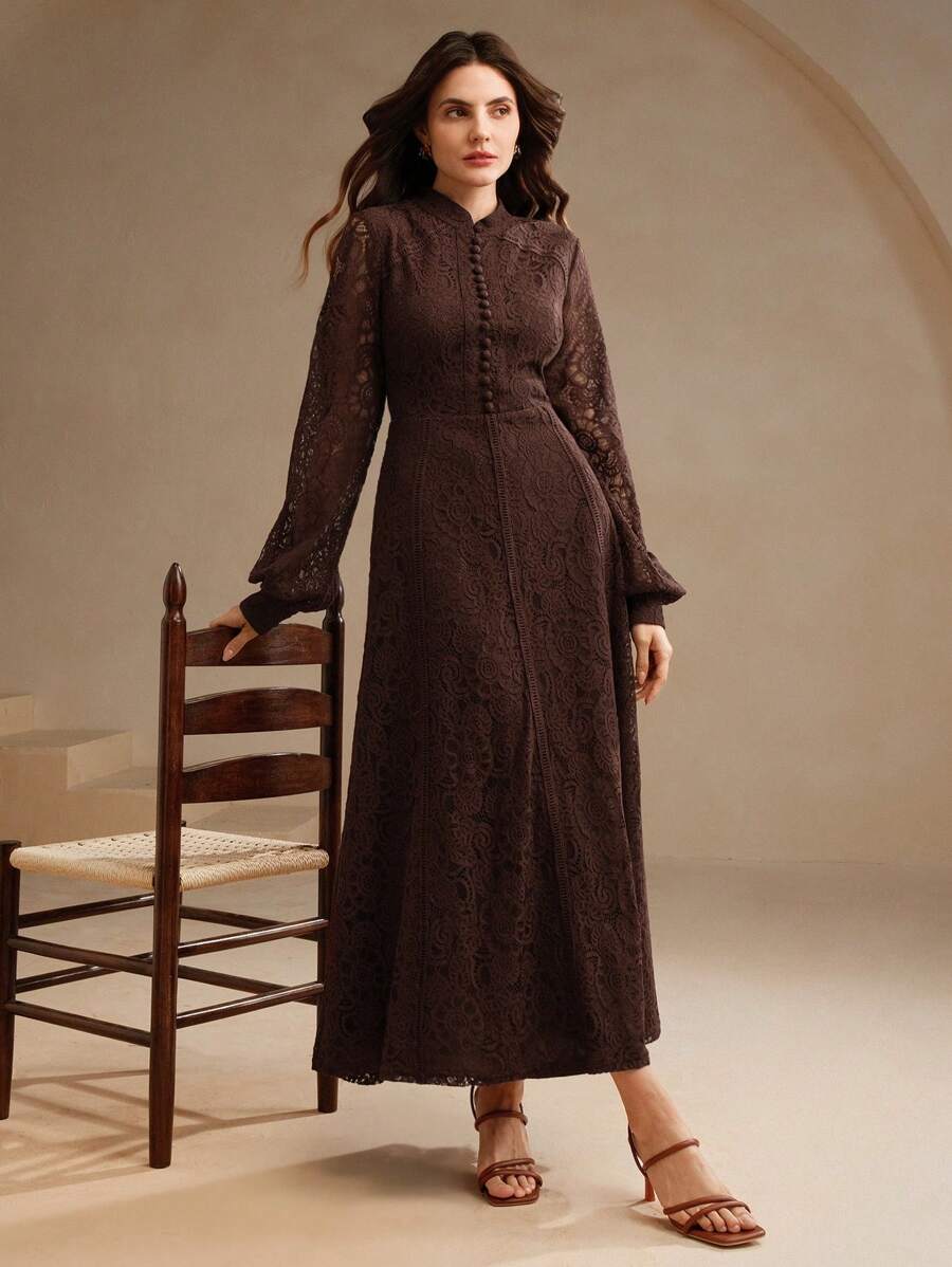 Anewsta Vestido Elegante de Manga Longa de Renda Bordô Máxi para Mulheres, Conjunto de Roupas Brancas de Primavera para Mulheres
