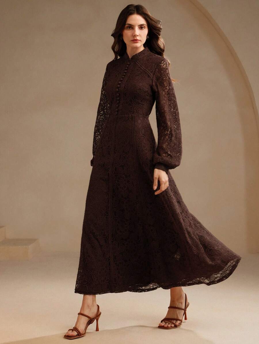 Anewsta Vestido Elegante de Manga Longa de Renda Bordô Máxi para Mulheres, Conjunto de Roupas Brancas de Primavera para Mulheres