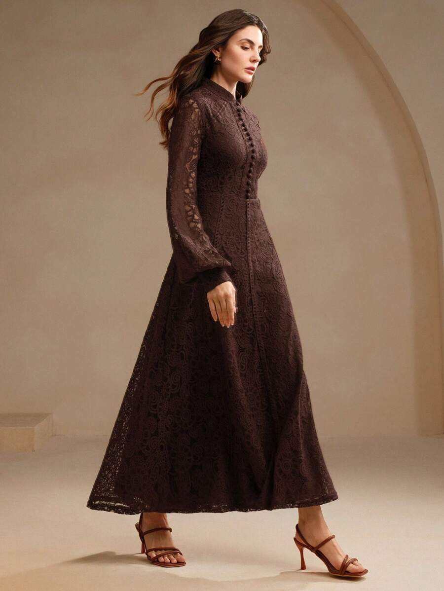 Anewsta Vestido Elegante de Manga Longa de Renda Bordô Máxi para Mulheres, Conjunto de Roupas Brancas de Primavera para Mulheres