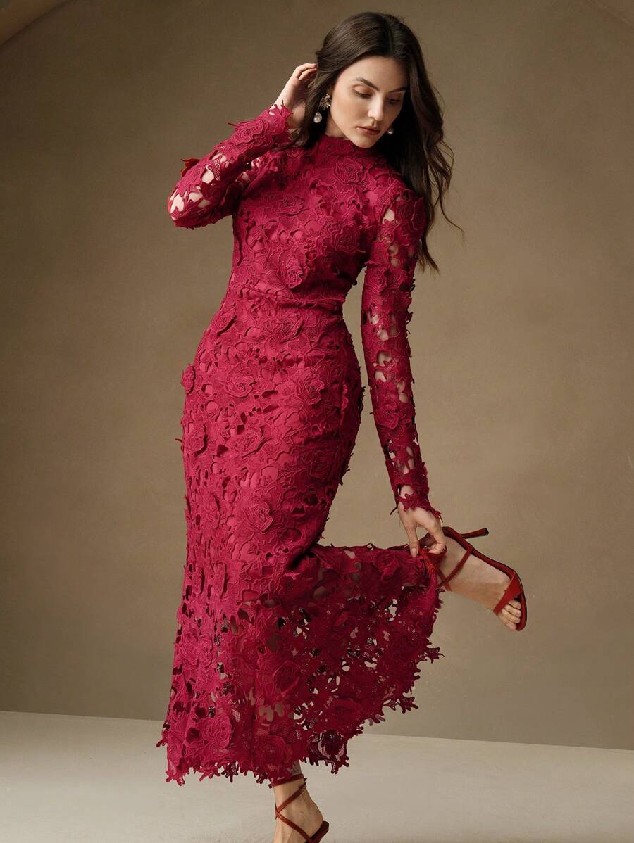 Anewsta Vestido Longo de Manga Longa Branco Feminino com Rendas Vazadas