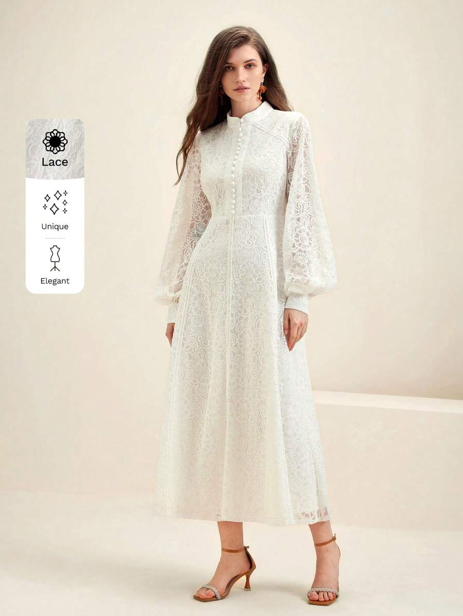Anewsta Vestido Elegante de Manga Longa de Renda Bordô Máxi para Mulheres, Conjunto de Roupas Brancas de Primavera para Mulheres