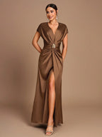 SHEIN Belle Vestido de Dama de Honra Evasê com Manga Curta Franzida, Fenda e Decote em A, na Cor Cáqui Elegante e Romântica