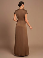 SHEIN Belle Vestido de Dama de Honra Evasê com Manga Curta Franzida, Fenda e Decote em A, na Cor Cáqui Elegante e Romântica