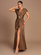 SHEIN Belle Vestido de Dama de Honra Evasê com Manga Curta Franzida, Fenda e Decote em A, na Cor Cáqui Elegante e Romântica