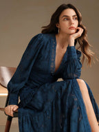 Anewsta Vestido Longo Elegante Feminino com Decote em V, Mangas Bufantes e Cintura Marcada