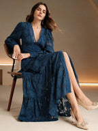 Anewsta Vestido Longo Elegante Feminino com Decote em V, Mangas Bufantes e Cintura Marcada