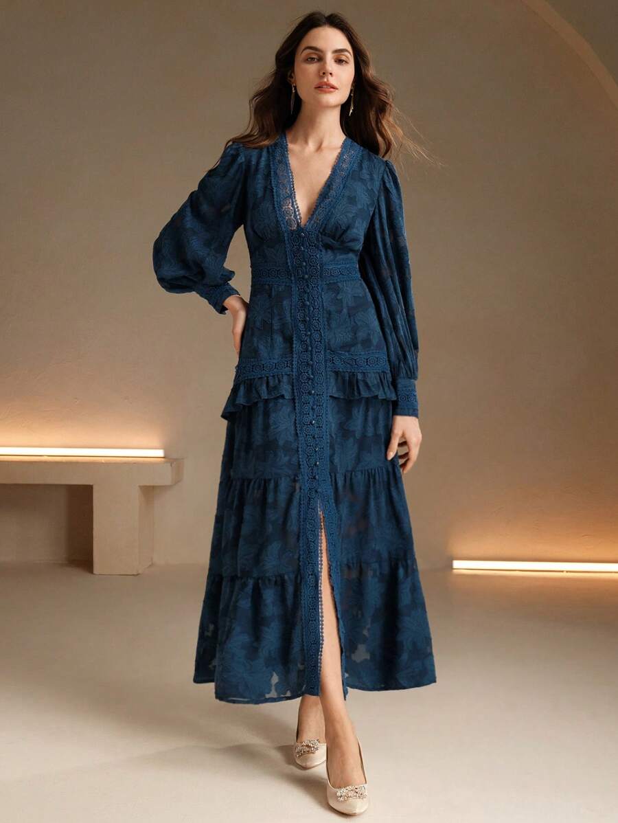 Vestido Longo Francês com Decote em V e Manga Bufante