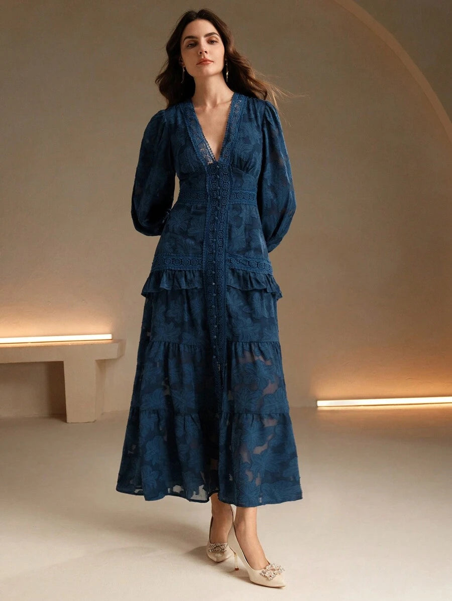 Vestido Longo Francês com Decote em V e Manga Bufante