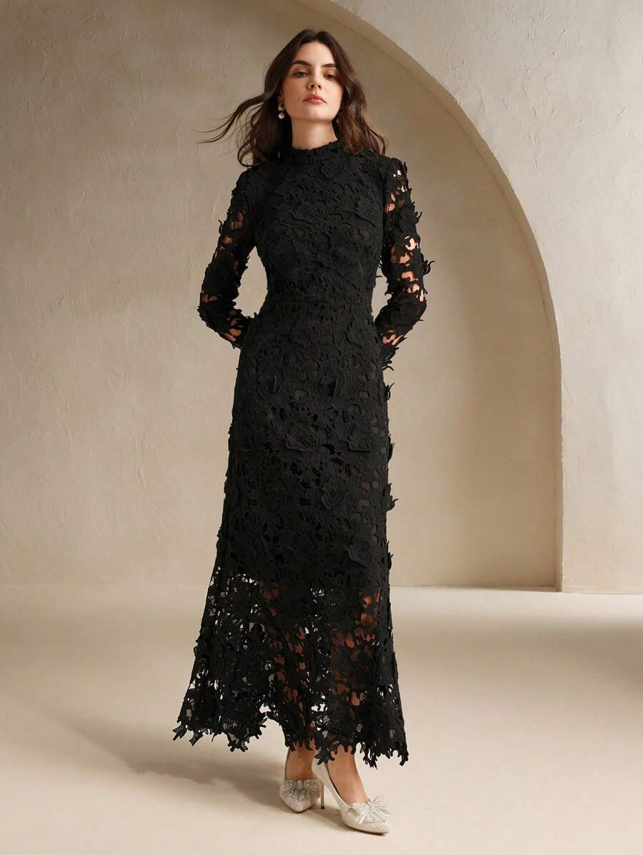 Anewsta Vestido Longo de Manga Longa Branco Feminino com Rendas Vazadas