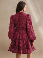 Anewsta Vestido Elegante Feminino de Outono com Gola Alta, Manga Farol, Cintura Marcada e Tule Bordado Floral