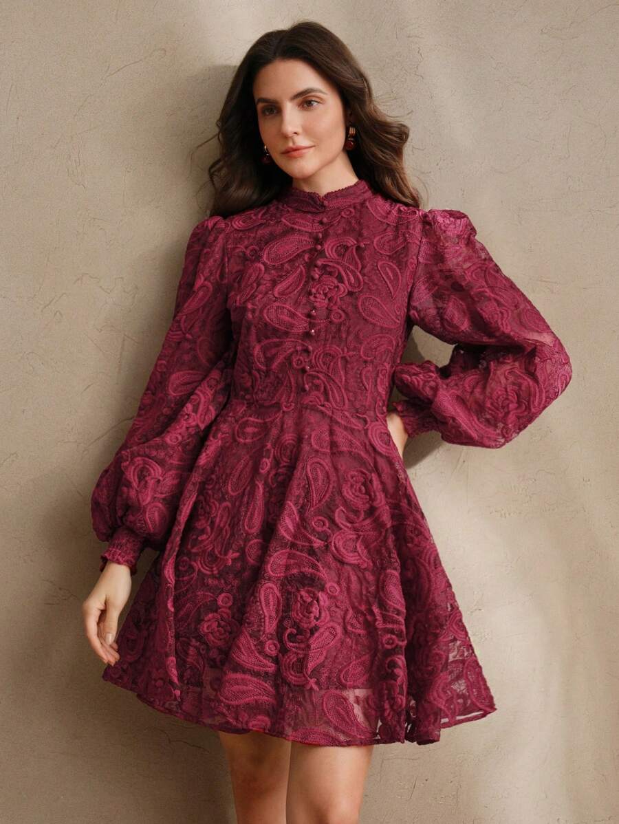 Anewsta Vestido Elegante Feminino de Outono com Gola Alta, Manga Farol, Cintura Marcada e Tule Bordado Floral