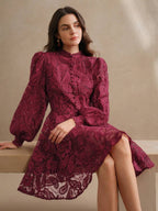 Anewsta Vestido Elegante Feminino de Outono com Gola Alta, Manga Farol, Cintura Marcada e Tule Bordado Floral