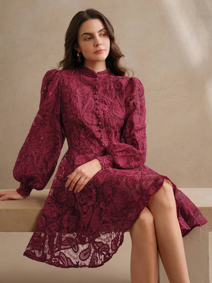 Anewsta Vestido Elegante Feminino de Outono com Gola Alta, Manga Farol, Cintura Marcada e Tule Bordado Floral