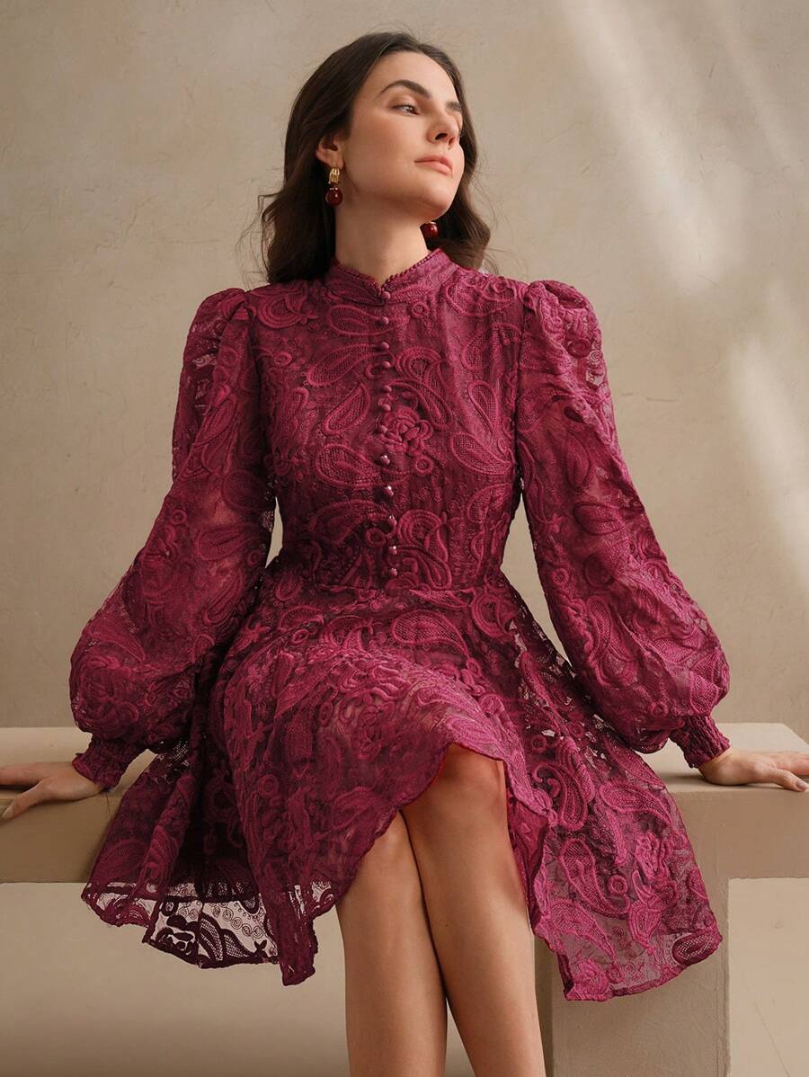 Anewsta Vestido Elegante Feminino de Outono com Gola Alta, Manga Farol, Cintura Marcada e Tule Bordado Floral