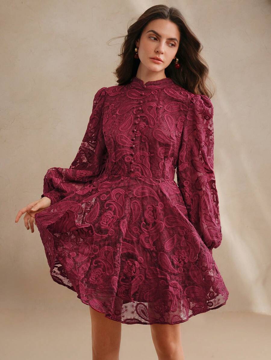 Anewsta Vestido Elegante Feminino de Outono com Gola Alta, Manga Farol, Cintura Marcada e Tule Bordado Floral