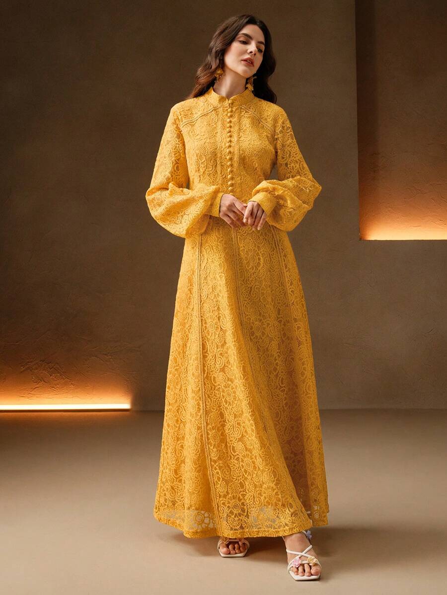 Anewsta Vestido Elegante de Manga Longa de Renda Bordô Máxi para Mulheres, Conjunto de Roupas Brancas de Primavera para Mulheres
