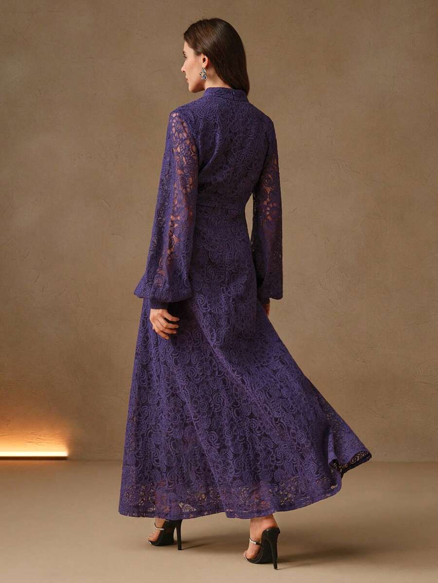 Anewsta Vestido Elegante de Manga Longa de Renda Bordô Máxi para Mulheres, Conjunto de Roupas Brancas de Primavera para Mulheres