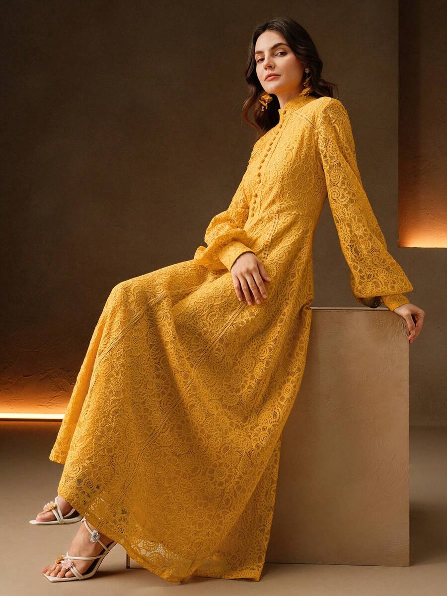 Anewsta Vestido Elegante de Manga Longa de Renda Bordô Máxi para Mulheres, Conjunto de Roupas Brancas de Primavera para Mulheres