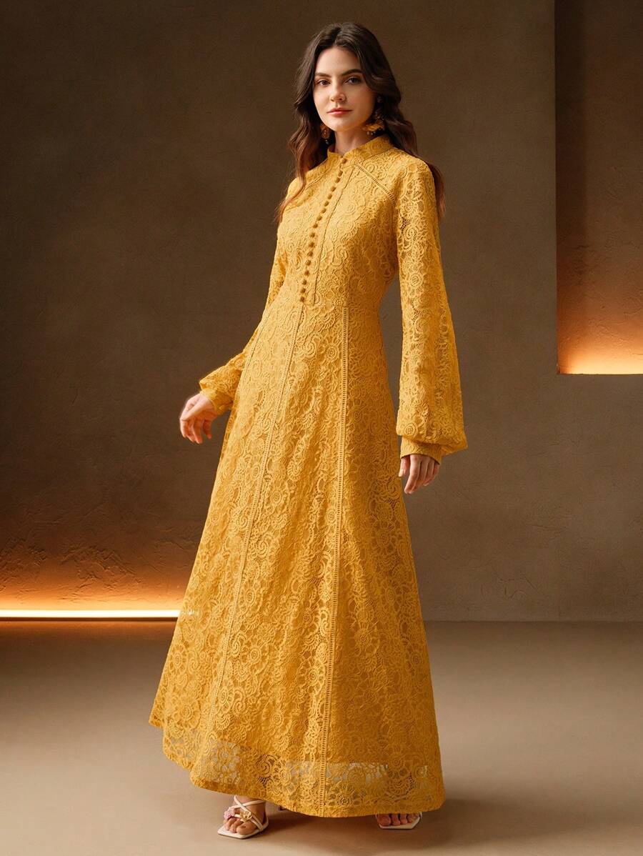 Anewsta Vestido Elegante de Manga Longa de Renda Bordô Máxi para Mulheres, Conjunto de Roupas Brancas de Primavera para Mulheres