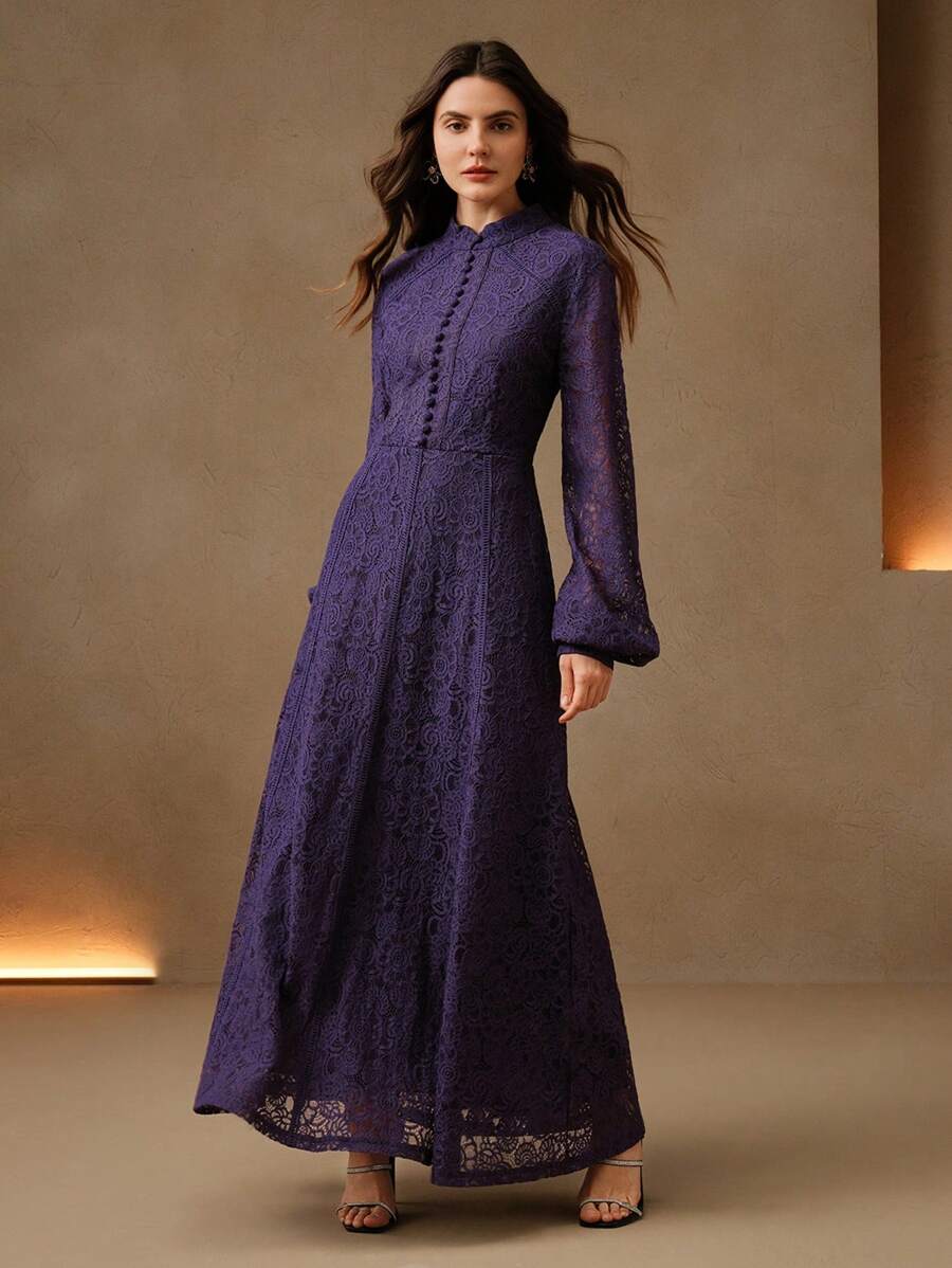 Anewsta Vestido Elegante de Manga Longa de Renda Bordô Máxi para Mulheres, Conjunto de Roupas Brancas de Primavera para Mulheres