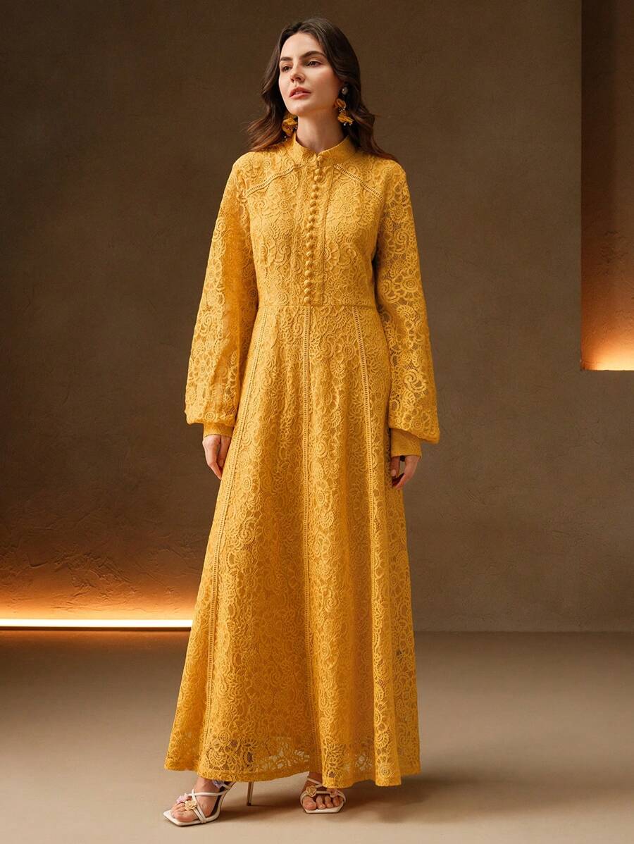 Anewsta Vestido Elegante de Manga Longa de Renda Bordô Máxi para Mulheres, Conjunto de Roupas Brancas de Primavera para Mulheres