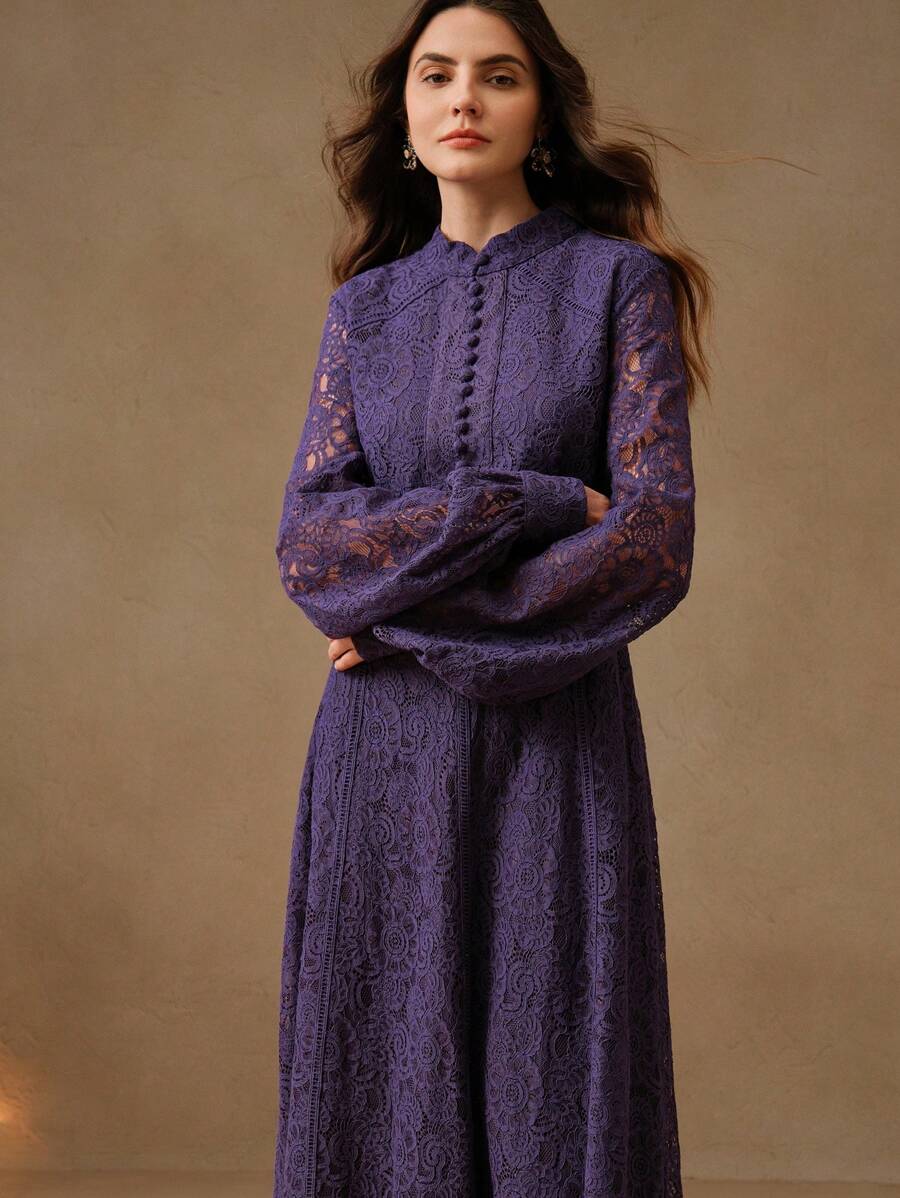 Anewsta Vestido Elegante de Manga Longa de Renda Bordô Máxi para Mulheres, Conjunto de Roupas Brancas de Primavera para Mulheres