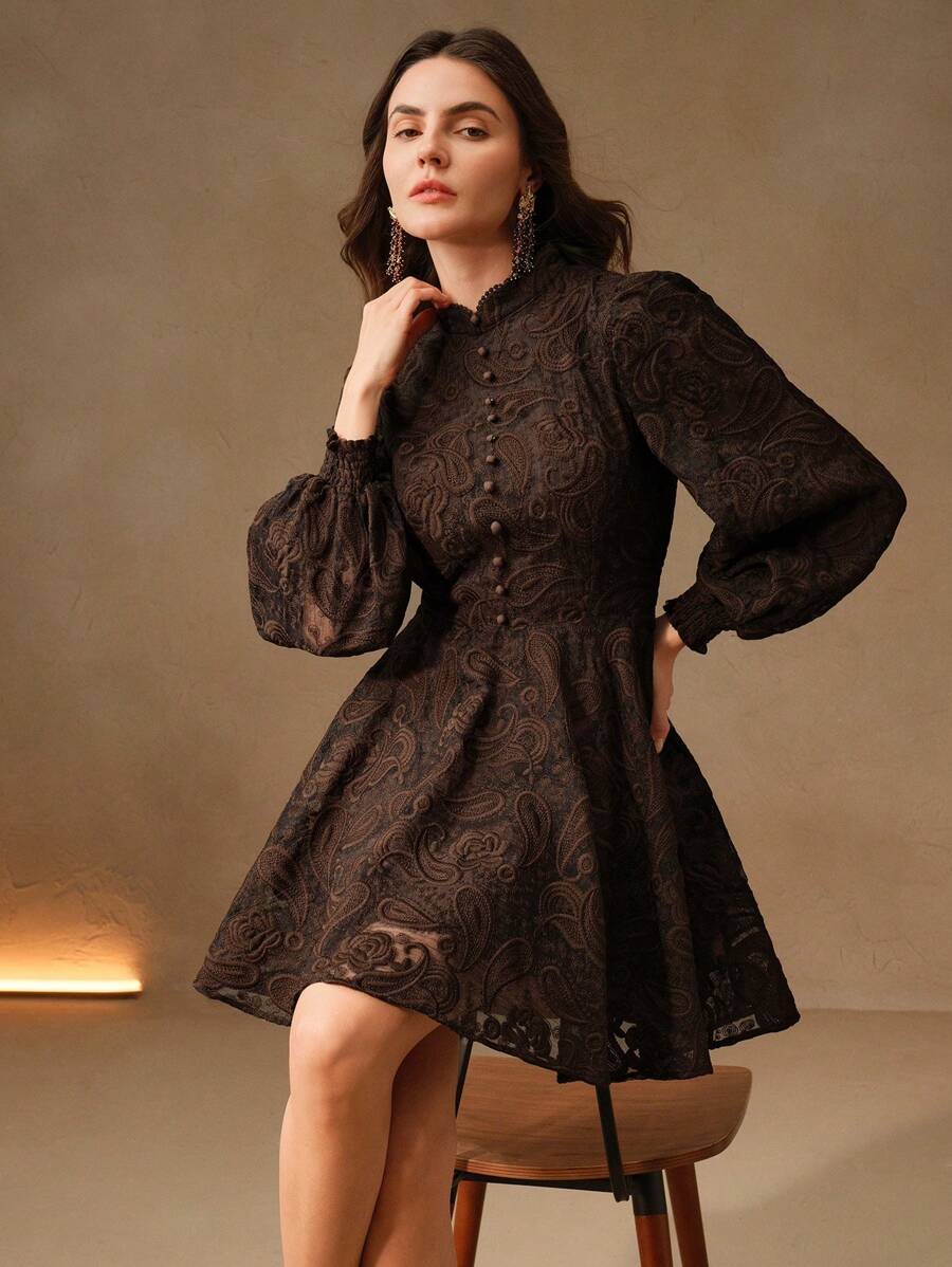 Anewsta Vestido Elegante Feminino de Outono com Gola Alta, Manga Farol, Cintura Marcada e Tule Bordado Floral