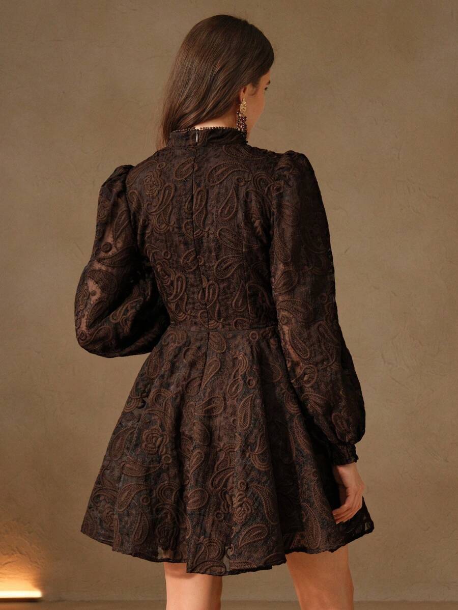 Anewsta Vestido Elegante Feminino de Outono com Gola Alta, Manga Farol, Cintura Marcada e Tule Bordado Floral