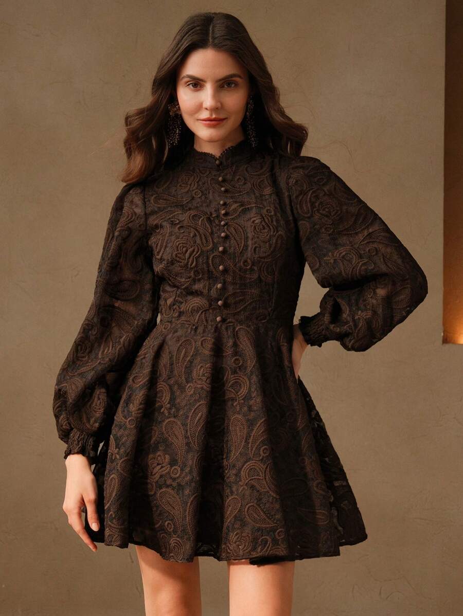 Anewsta Vestido Elegante Feminino de Outono com Gola Alta, Manga Farol, Cintura Marcada e Tule Bordado Floral