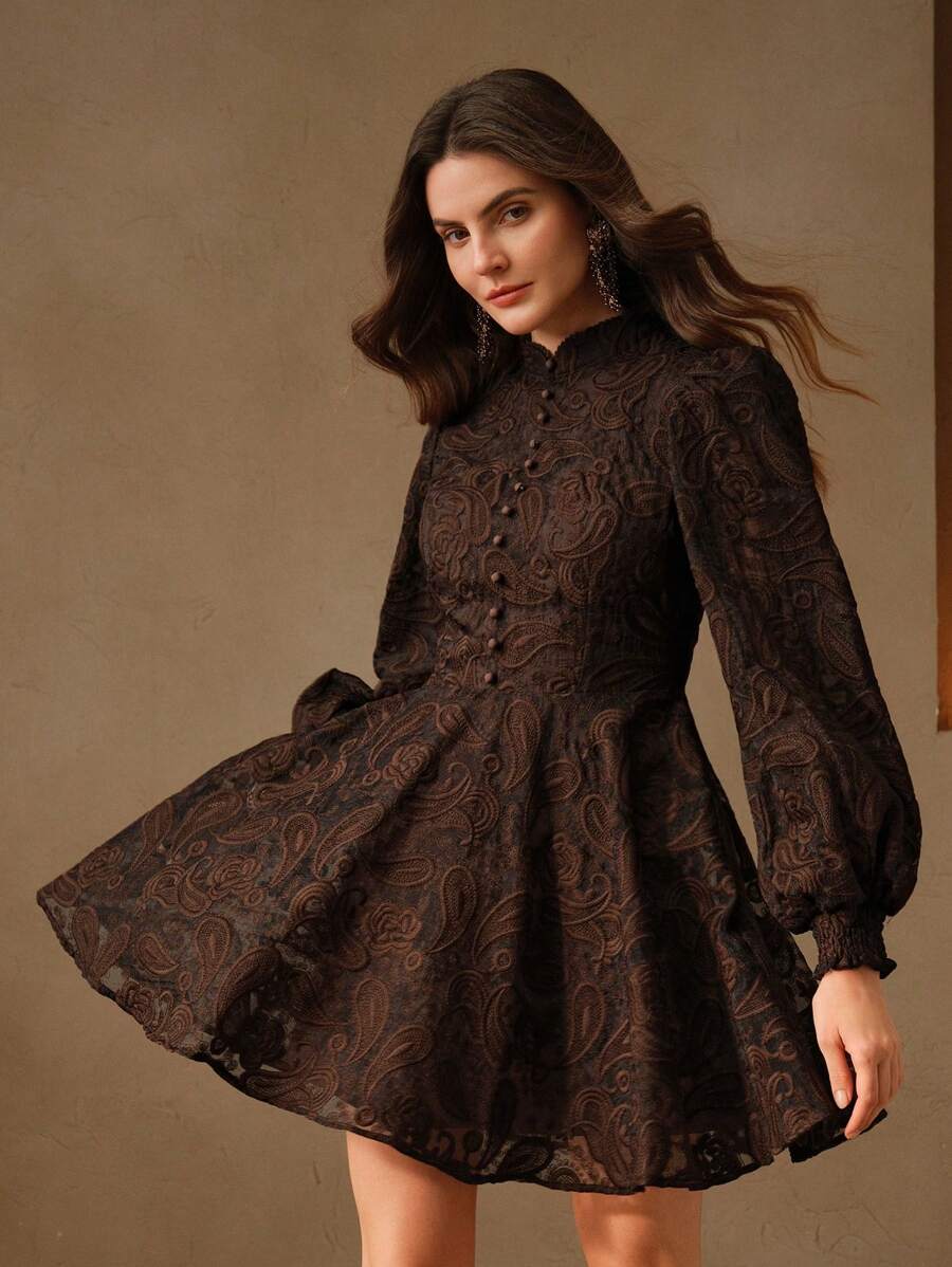 Anewsta Vestido Elegante Feminino de Outono com Gola Alta, Manga Farol, Cintura Marcada e Tule Bordado Floral