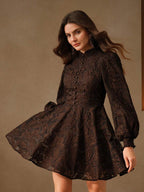 Anewsta Vestido Elegante Feminino de Outono com Gola Alta, Manga Farol, Cintura Marcada e Tule Bordado Floral