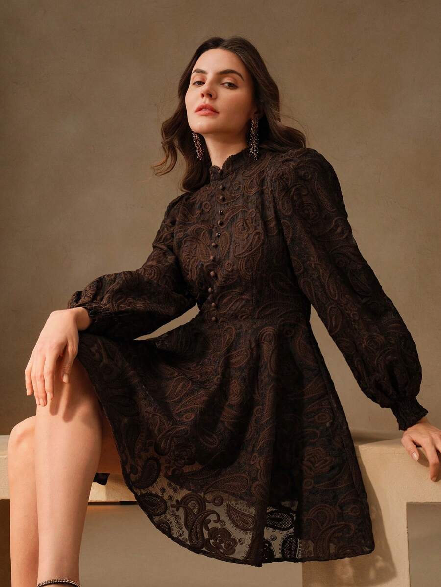 Anewsta Vestido Elegante Feminino de Outono com Gola Alta, Manga Farol, Cintura Marcada e Tule Bordado Floral