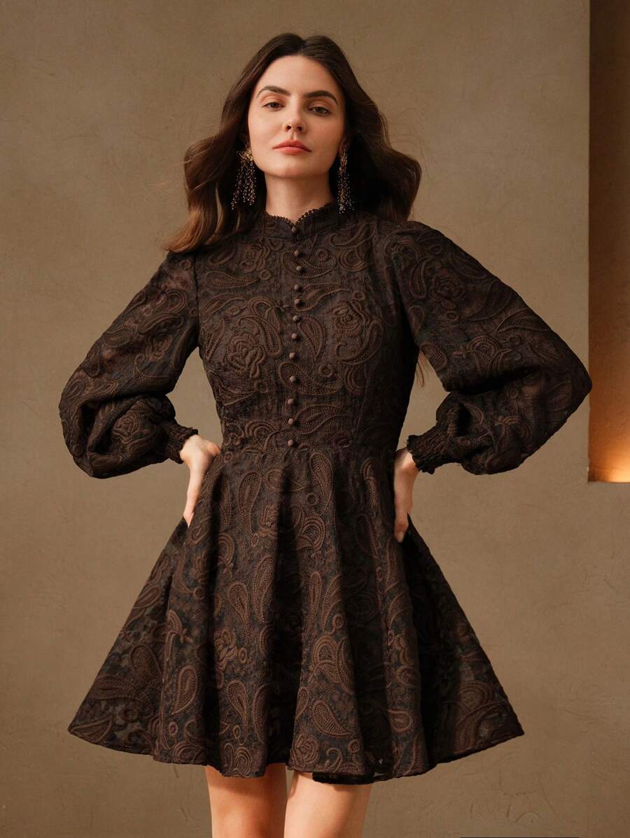 Anewsta Vestido Elegante Feminino de Outono com Gola Alta, Manga Farol, Cintura Marcada e Tule Bordado Floral