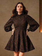 Anewsta Vestido Elegante Feminino de Outono com Gola Alta, Manga Farol, Cintura Marcada e Tule Bordado Floral