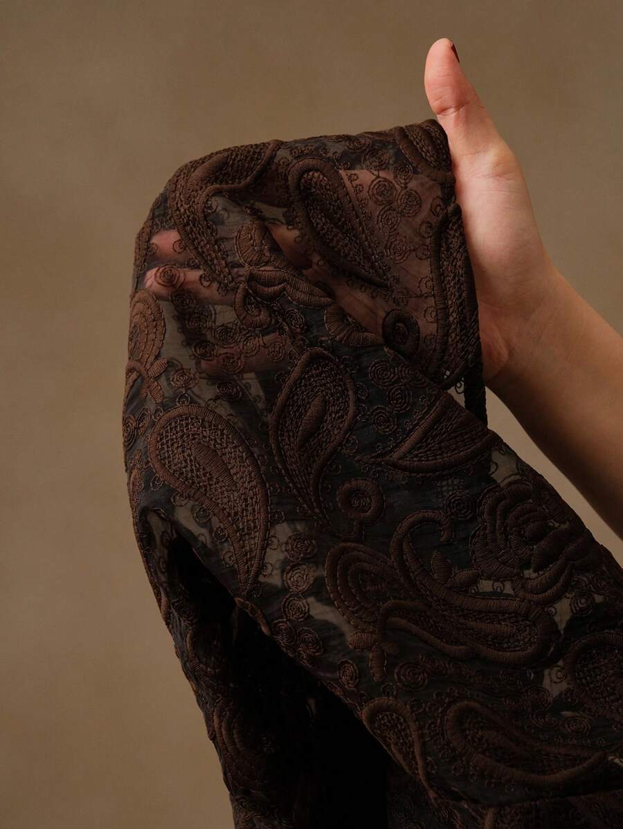 Anewsta Vestido Elegante Feminino de Outono com Gola Alta, Manga Farol, Cintura Marcada e Tule Bordado Floral