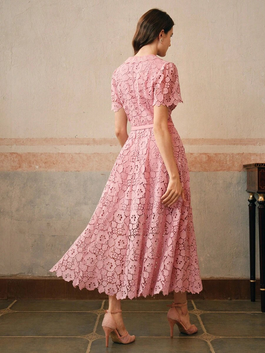 Anewsta Vestido Midi Elegante Ajustado com Cintura Marcada e Decote em V Feminino com Renda Solúvel em Água