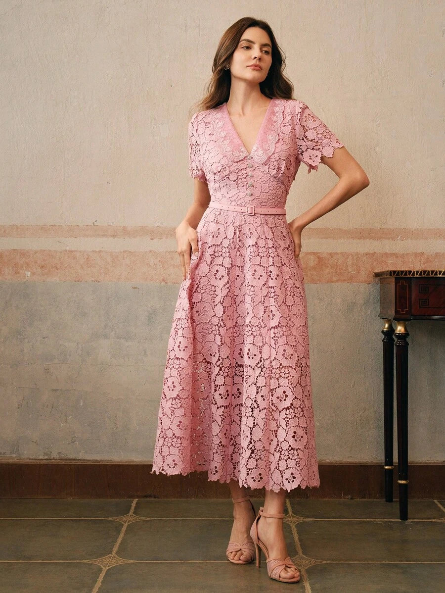 Anewsta Vestido Midi Elegante Ajustado com Cintura Marcada e Decote em V Feminino com Renda Solúvel em Água