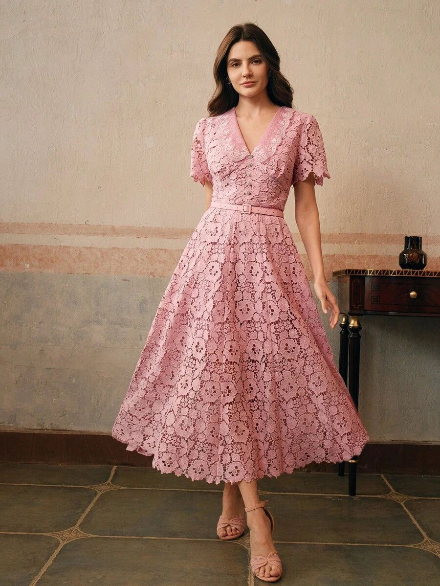 Anewsta Vestido Midi Elegante Ajustado com Cintura Marcada e Decote em V Feminino com Renda Solúvel em Água