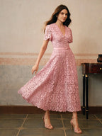 Anewsta Vestido Midi Elegante Ajustado com Cintura Marcada e Decote em V Feminino com Renda Solúvel em Água