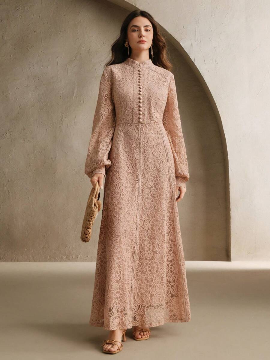 Anewsta Vestido Elegante de Manga Longa de Renda Bordô Máxi para Mulheres, Conjunto de Roupas Brancas de Primavera para Mulheres