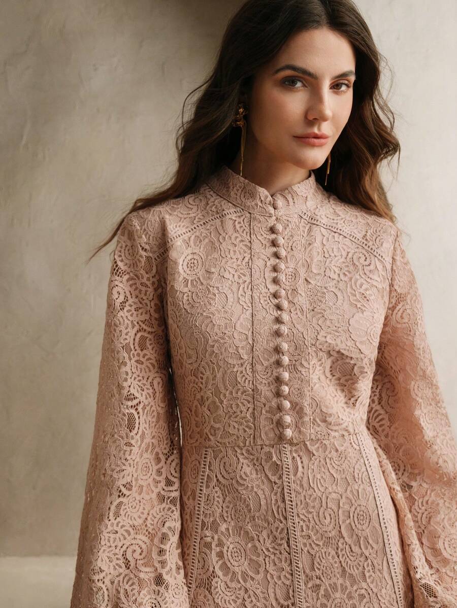 Anewsta Vestido Elegante de Manga Longa de Renda Bordô Máxi para Mulheres, Conjunto de Roupas Brancas de Primavera para Mulheres