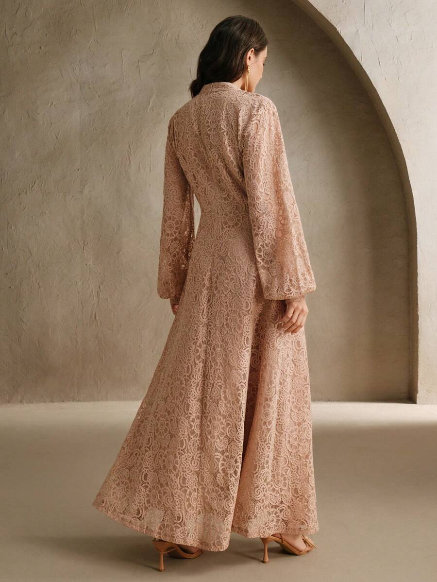 Anewsta Vestido Elegante de Manga Longa de Renda Bordô Máxi para Mulheres, Conjunto de Roupas Brancas de Primavera para Mulheres