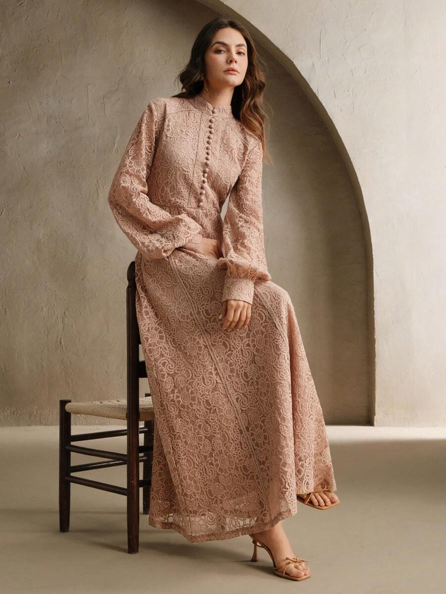 Anewsta Vestido Elegante de Manga Longa de Renda Bordô Máxi para Mulheres, Conjunto de Roupas Brancas de Primavera para Mulheres