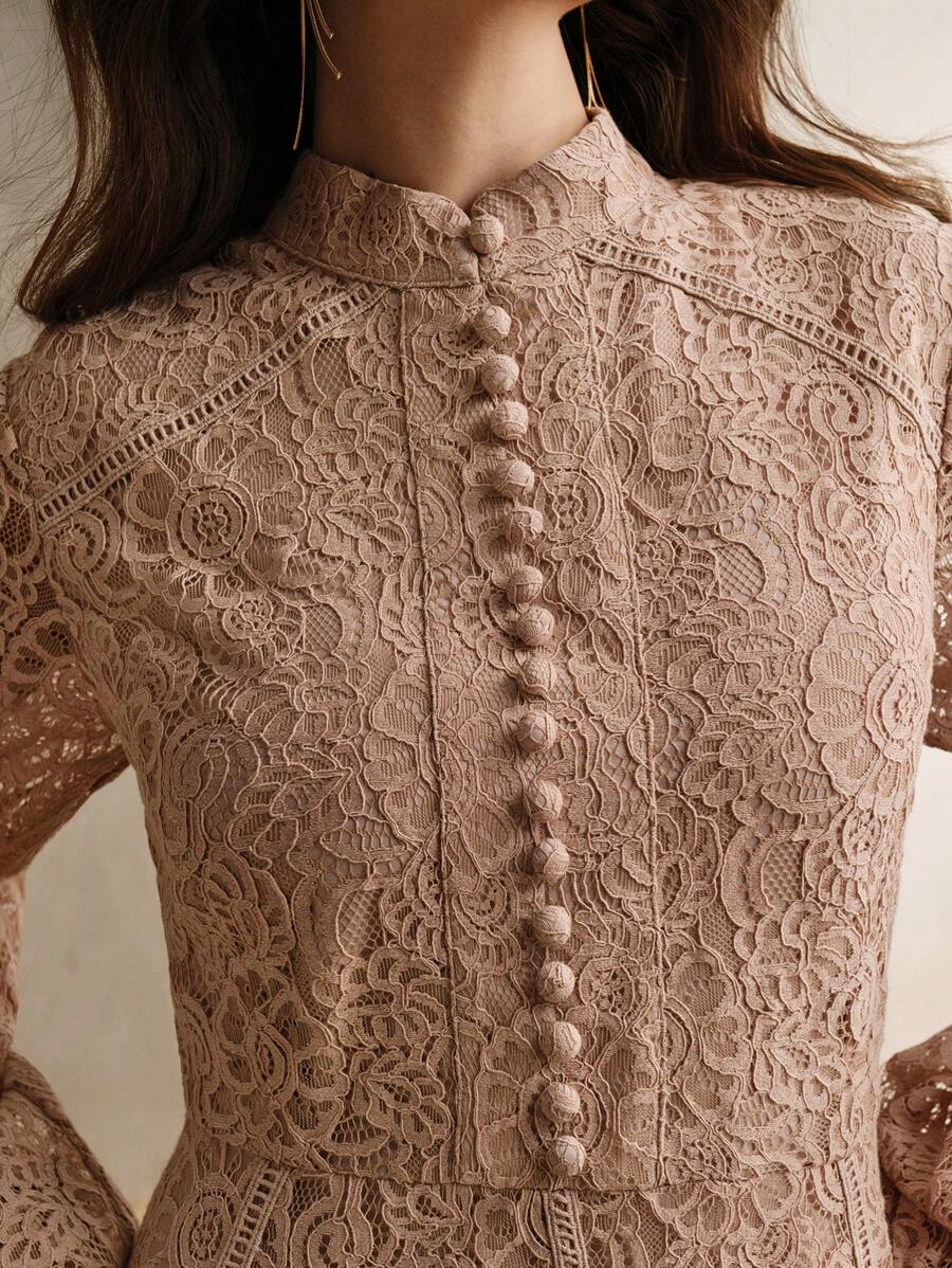Anewsta Vestido Elegante de Manga Longa de Renda Bordô Máxi para Mulheres, Conjunto de Roupas Brancas de Primavera para Mulheres