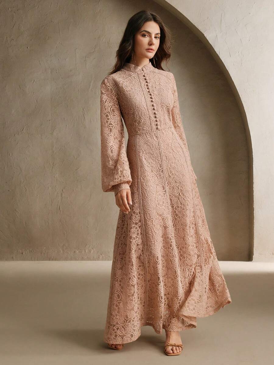 Anewsta Vestido Elegante de Manga Longa de Renda Bordô Máxi para Mulheres, Conjunto de Roupas Brancas de Primavera para Mulheres
