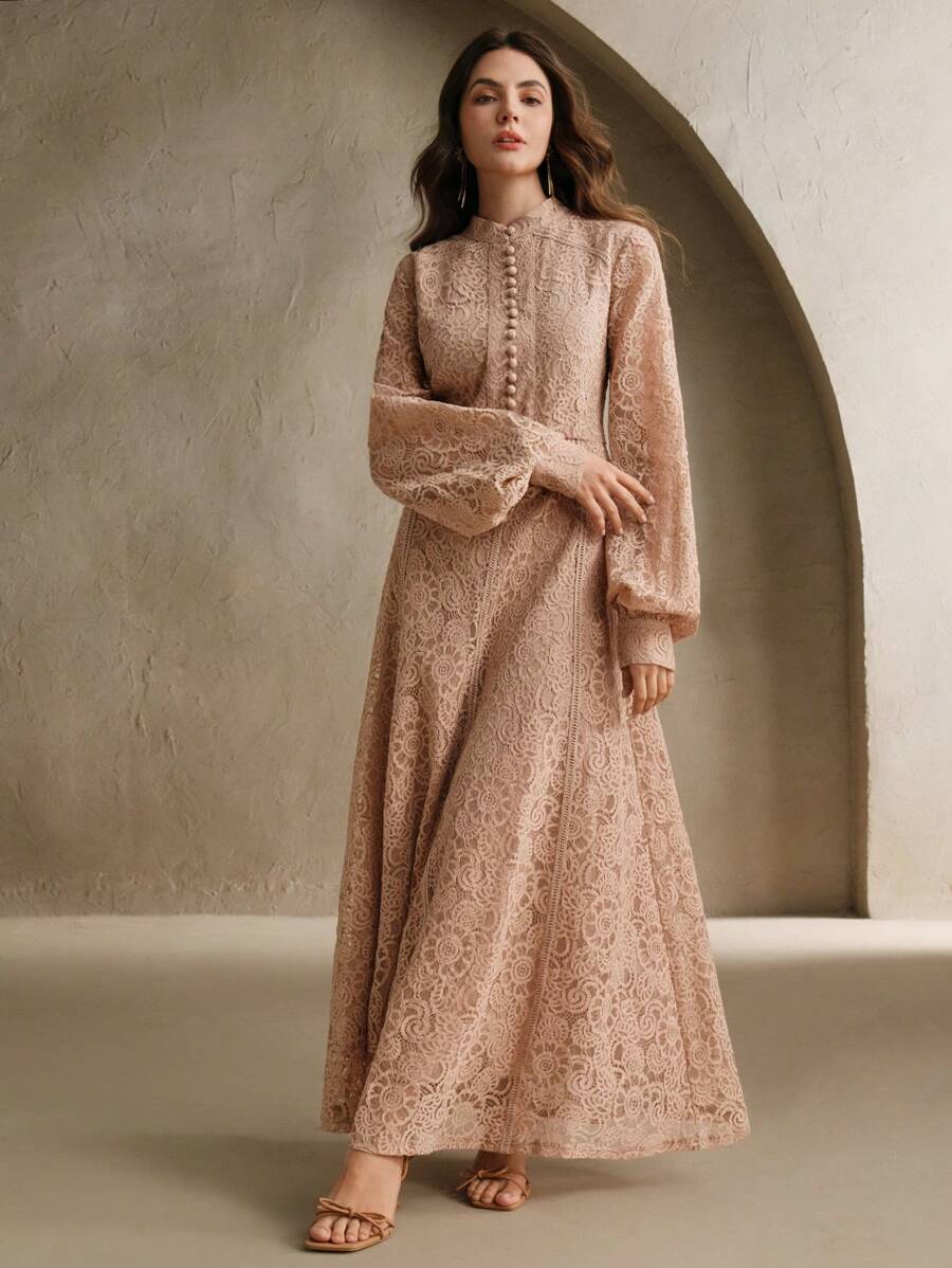 Anewsta Vestido Elegante de Manga Longa de Renda Bordô Máxi para Mulheres, Conjunto de Roupas Brancas de Primavera para Mulheres