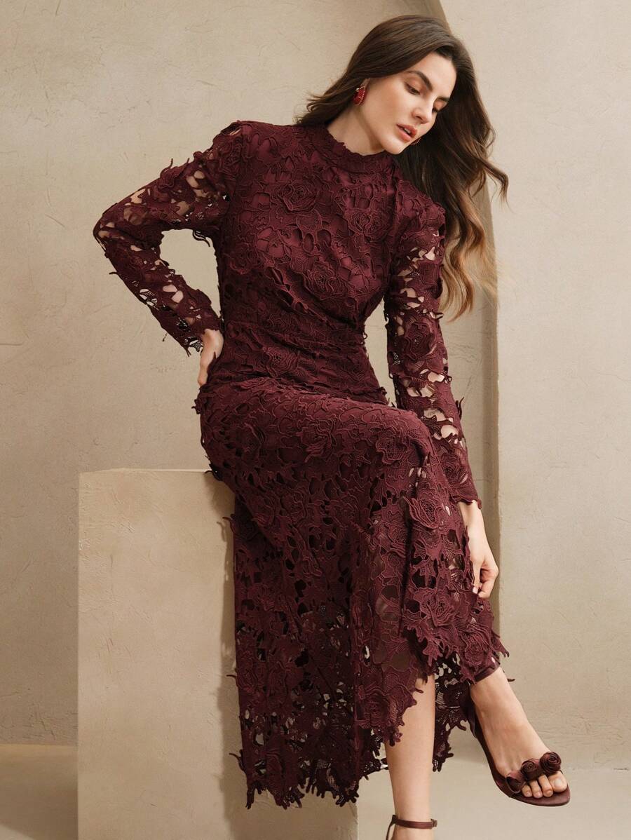 Anewsta Vestido Longo de Manga Longa Branco Feminino com Rendas Vazadas