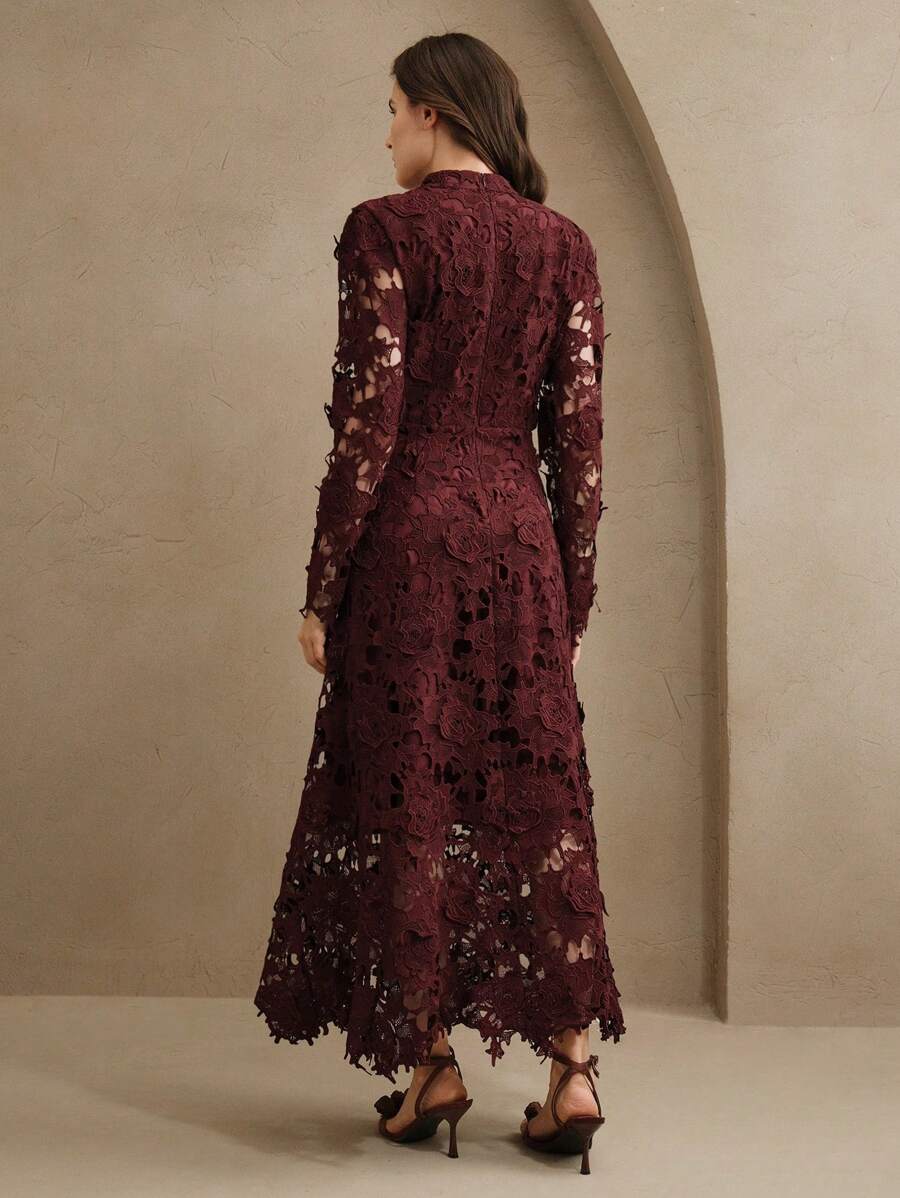 Anewsta Vestido Longo de Manga Longa Branco Feminino com Rendas Vazadas