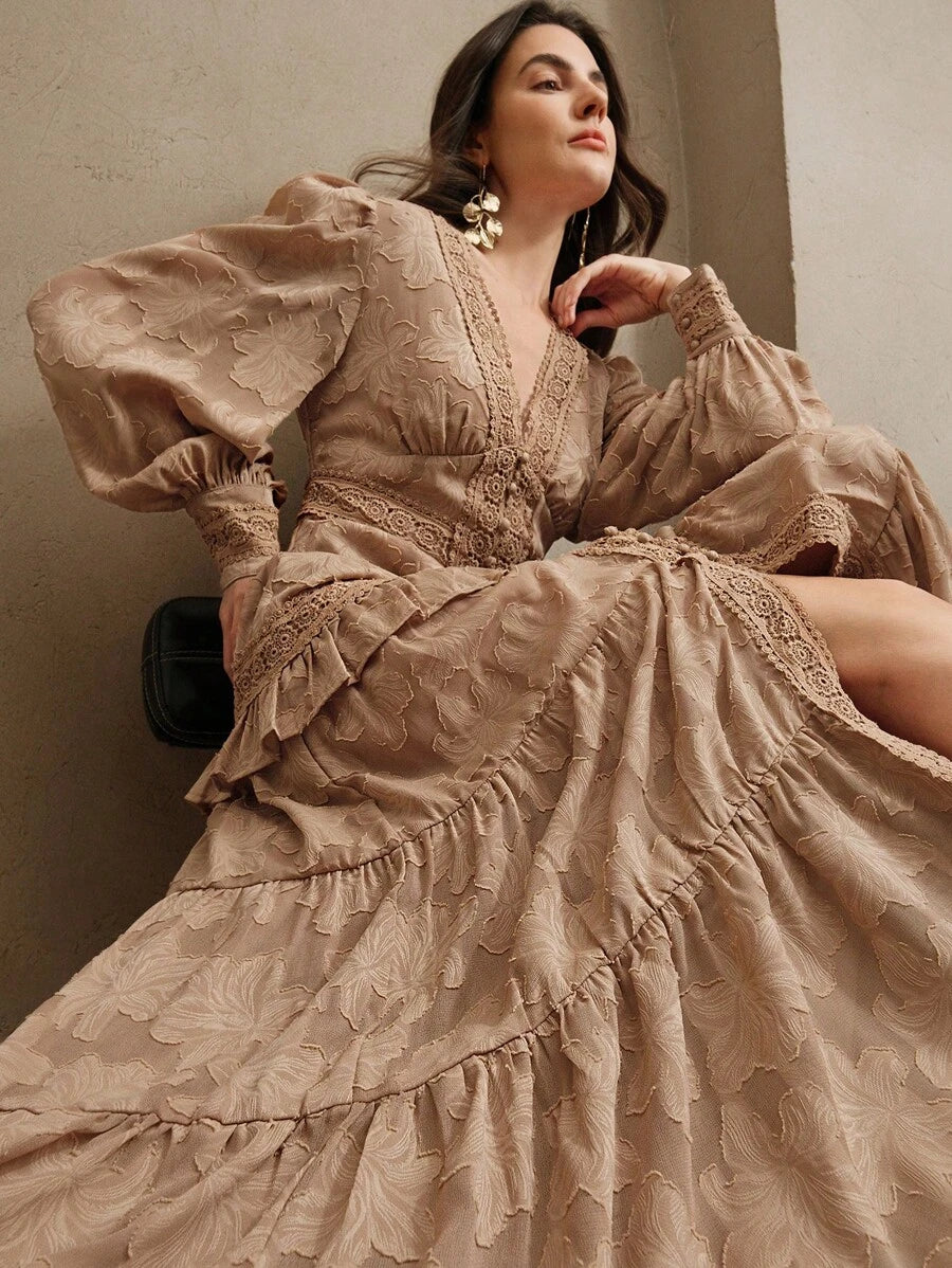 Anewsta Vestido Longo Elegante Feminino com Decote em V, Mangas Bufantes e Cintura Marcada