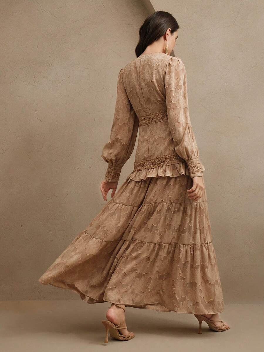 Vestido Longo Francês com Decote em V e Manga Bufante